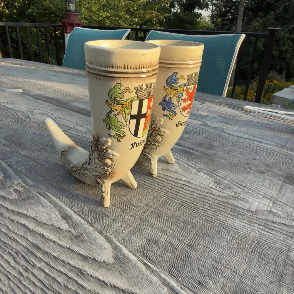 2 Vintage German Drinking Horn Set Fulda & Giessen Heraldic Crest Beer Goblets